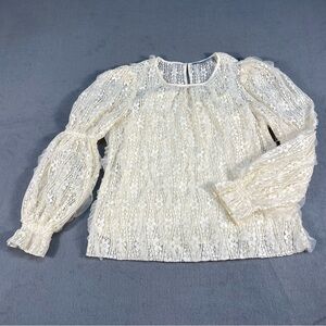 Daniel Rainn Women’s Cream Elegant Sheer Lace Blouse, Long Sleeves, Lined, XS